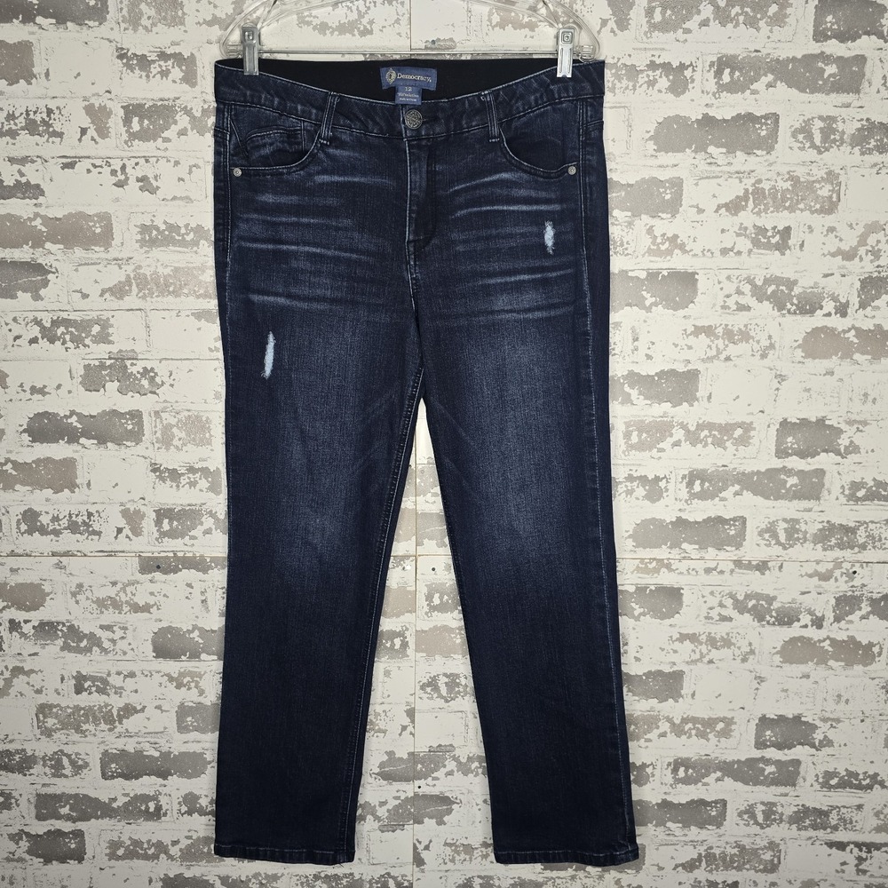 Democracy Jeans Womens 12 Dark Blue‎ Whiskered Denim Ab Solution Distressed